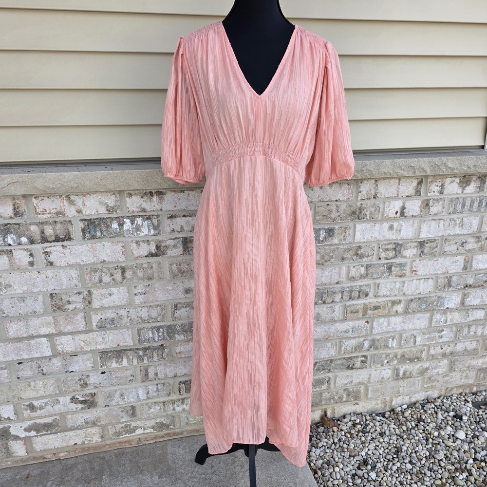 Calvin Klein Blush Pink Puff Sleeve Midi Dress Size 12